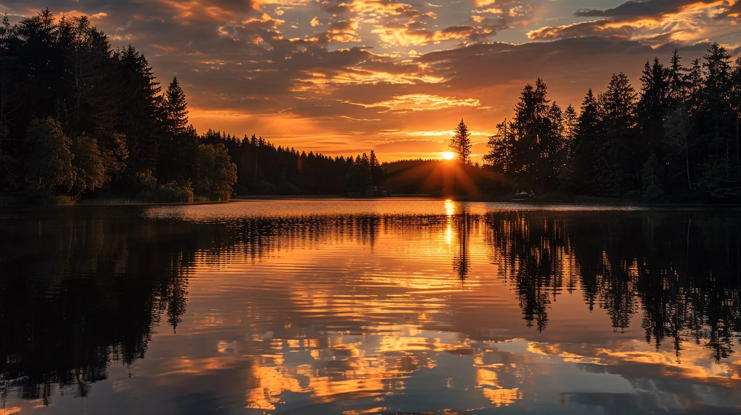 Perfecting Your Garden Watering Routine for Healthy Plants 2 a breathtaking sunset bathes a tranquil lake in warm golden hues, reflecting the vibrant colors of the sky and surrounded by silhouetted, towering pine trees.
