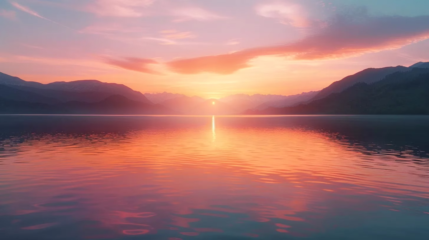 Creating Calm: The Benefits of a Desk Waterfall 3 a breathtaking sunset casts a warm, golden glow over a tranquil lake, reflecting the vibrant hues of orange, pink, and purple across the still water's surface.