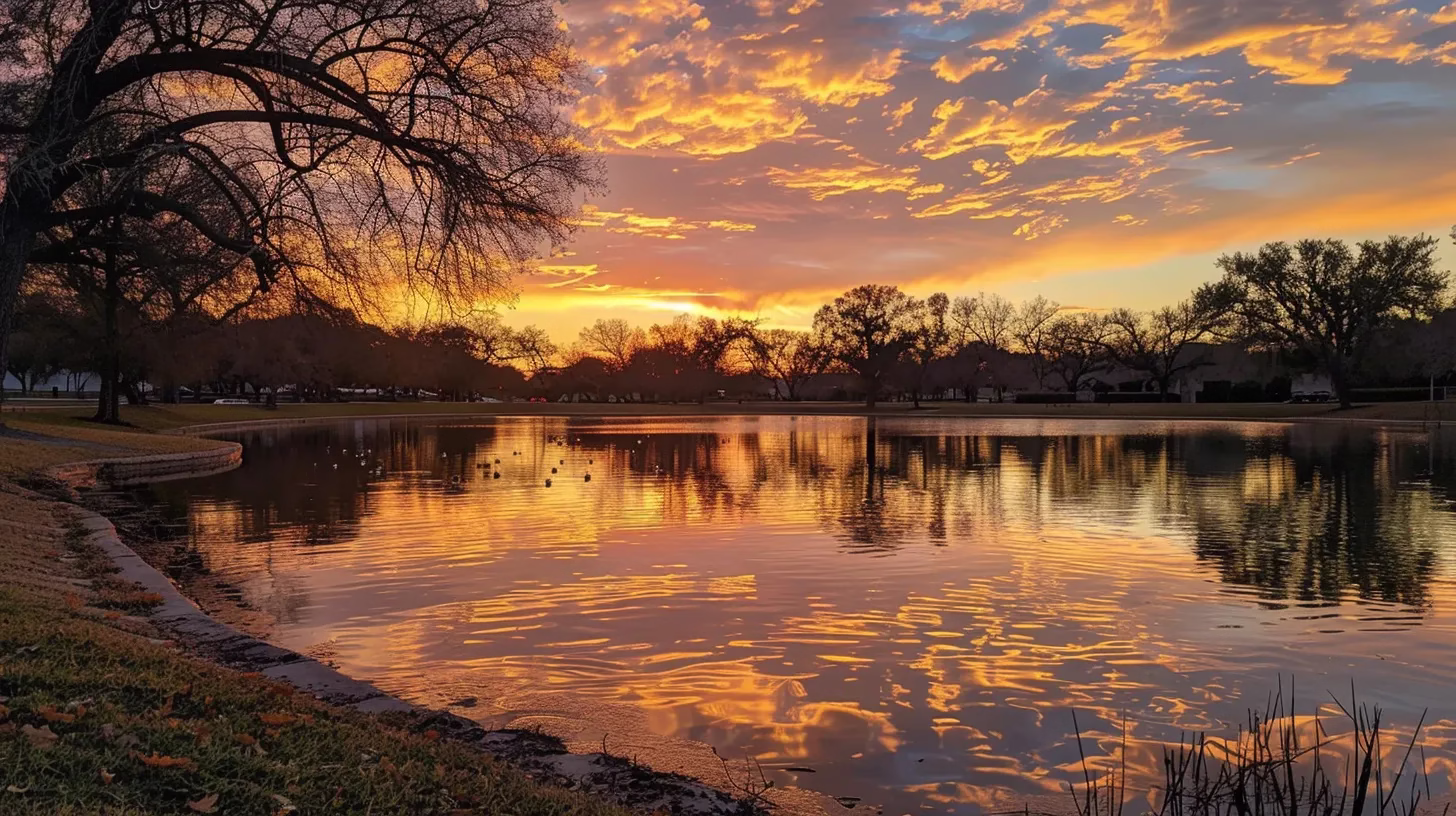 Elevate Your Decor With a Captivating Floor Waterfall 3 a breathtaking sunset casts a warm golden glow over a serene lake, reflecting the fiery colors of the sky and the silhouettes of surrounding trees.