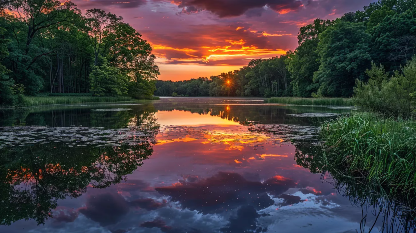 Experience Vegas With Kitchens for Memorable Stays 2 a breathtaking sunset casts a warm golden glow over a tranquil lake, reflecting the vibrant hues of crimson and orange in the sky, surrounded by lush green trees.