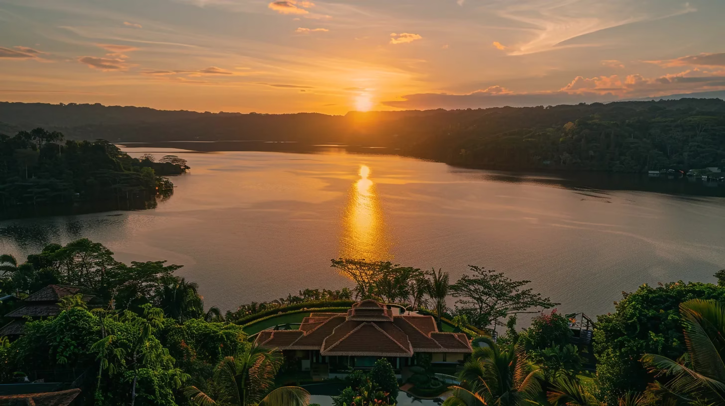 Outdoor Rain Safety: Best Practices for Weather Challenges 3 a breathtaking sunset casts a warm golden glow over a serene lake, reflecting vibrant hues of orange and pink in the calm waters, surrounded by lush greenery and distant mountains under a clear sky.