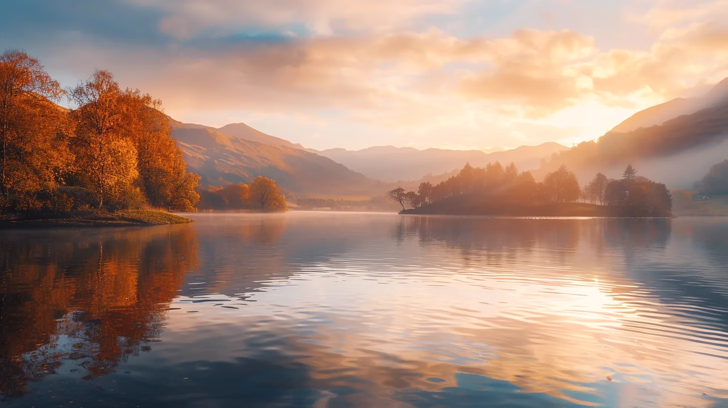 Stunning Landscape Water Features to Elevate Your Yard 2 a breathtaking sunset casts a warm golden glow over a tranquil lake, where vibrant autumn leaves reflect beautifully on the water's surface, creating a serene and immersive landscape.