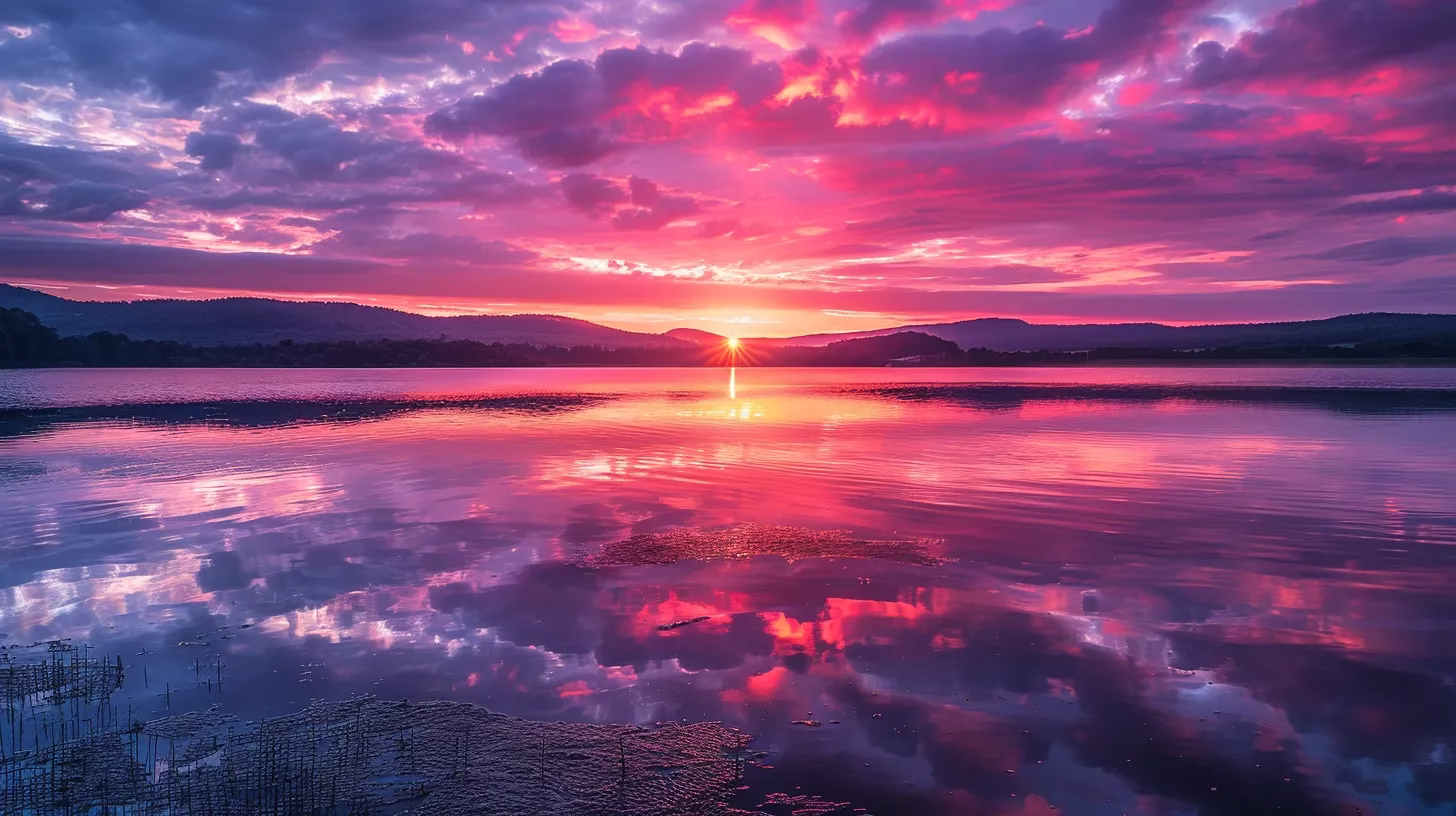 Enhance Your Garden With a Cascade Fountain 5 a breathtaking sunset casts a golden glow over a tranquil lake, with vibrant reflections dancing on the water's surface beneath a sky painted in hues of pink and purple.