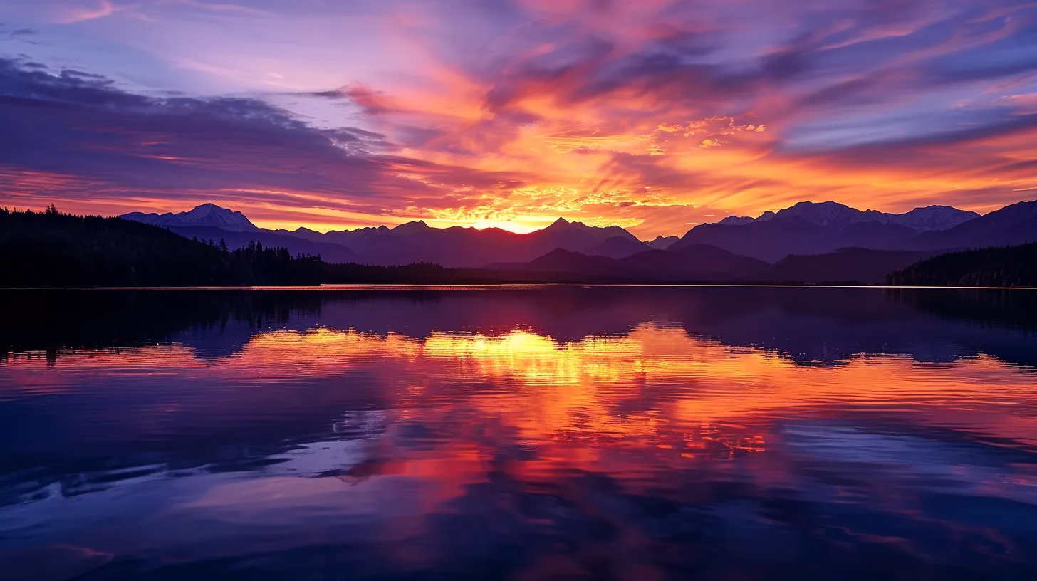 Creating Stunning Visuals With a Copper Garden Theme 1 a breathtaking sunset casts a golden glow over a serene lake, reflecting the fiery hues of orange and purple in the sky, framed by silhouettes of towering mountains.