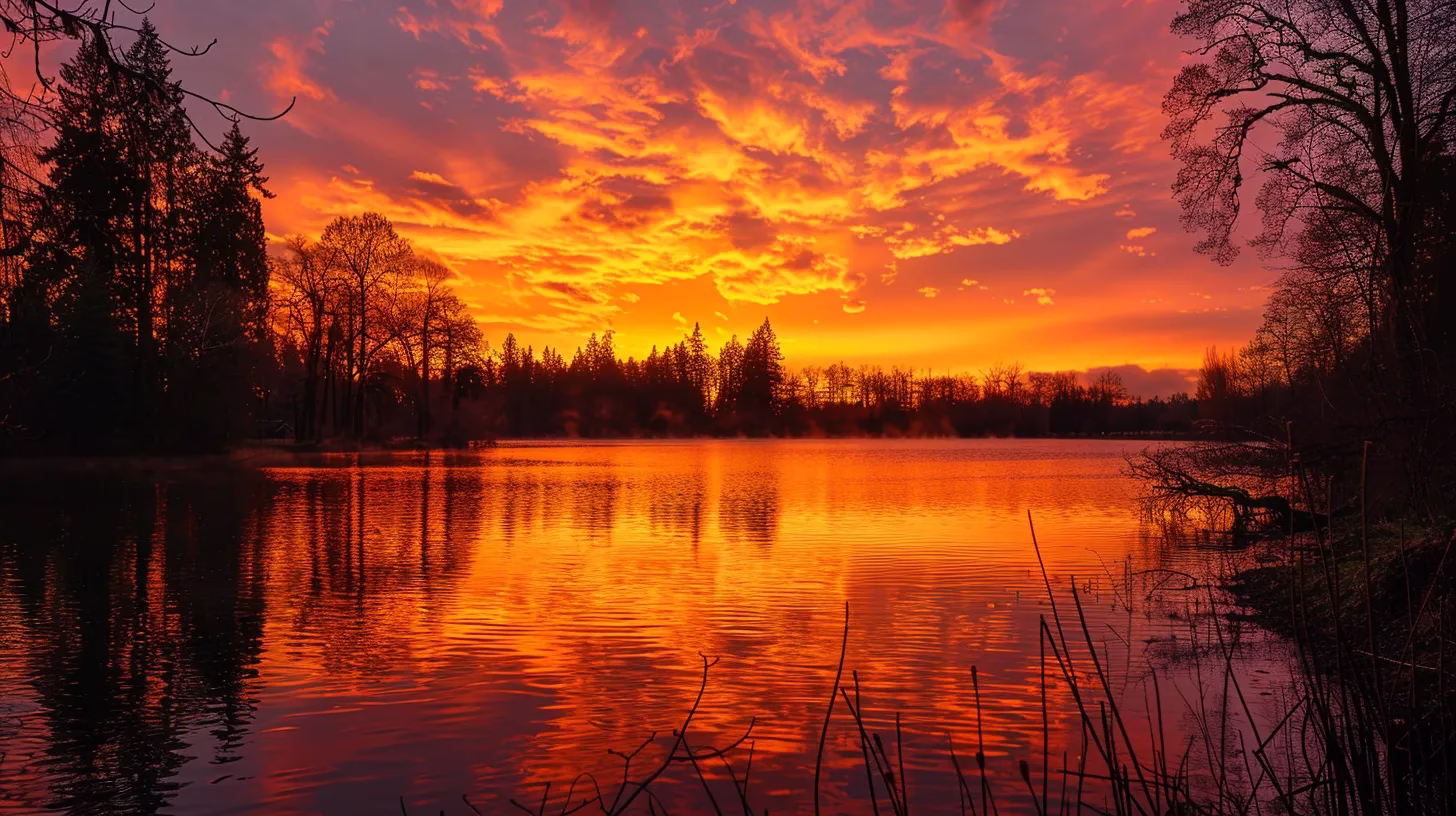 Transform Your Space With a Stunning Rock Water Feature 6 a breathtaking sunset casts a warm golden glow over a tranquil lake, reflecting the vibrant hues of orange and pink in the sky while silhouetted trees frame the serene waters.