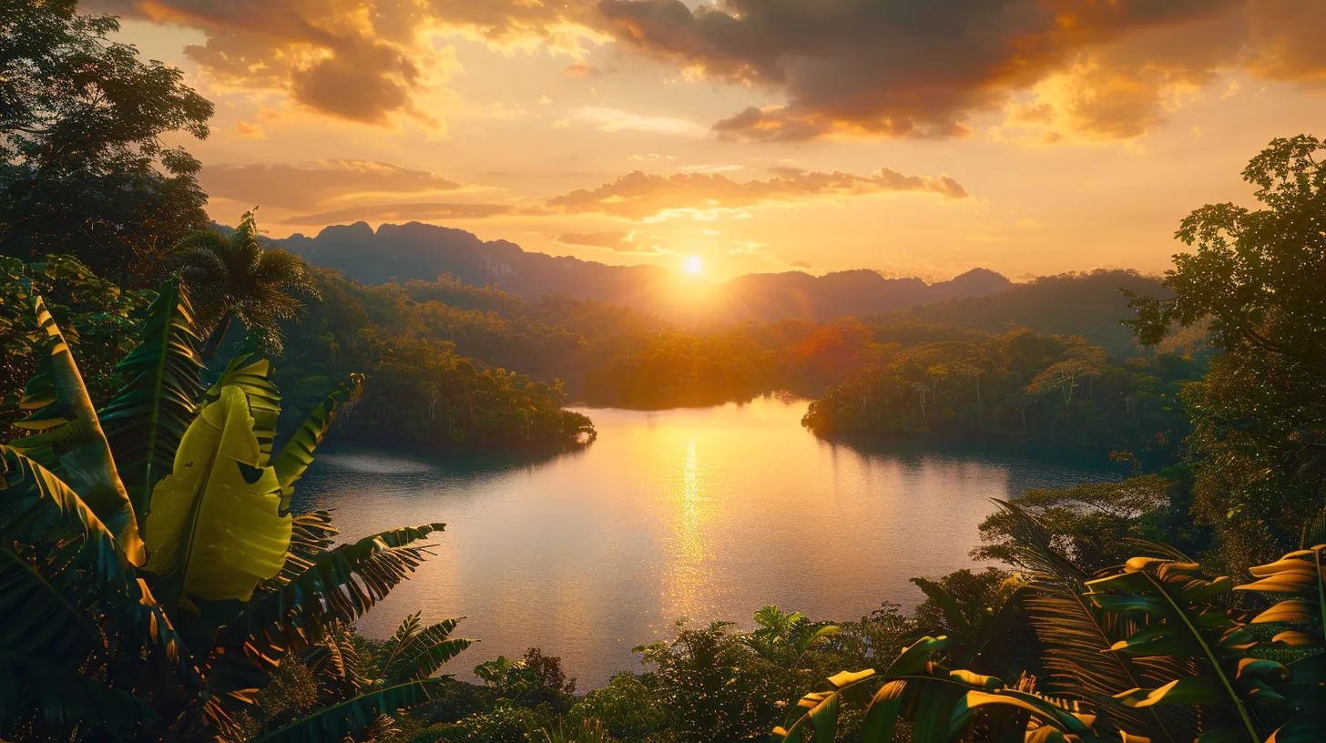 Designing Your Dream Garden With Rock Fountains 5 a breathtaking sunset casts a golden glow over a tranquil lake, with vibrant orange and pink hues reflected on the water's surface, surrounded by lush greenery and distant mountains.