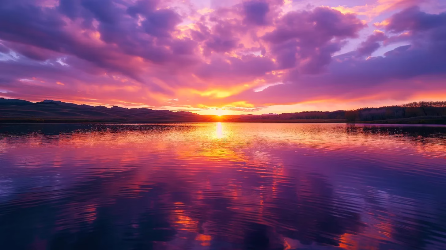 Captivating Fountain Water Designs for Family Gatherings 5 a breathtaking sunset casts a warm golden glow over a serene lake, reflecting the vibrant hues of orange, pink, and purple in the sky.