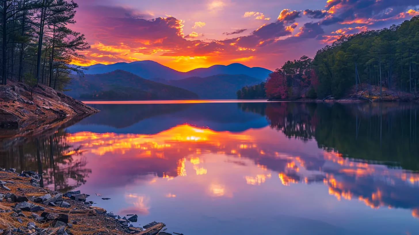 Elevate Your Decor With a Captivating Floor Waterfall 2 a breathtaking sunset casts a warm golden glow over a serene lake, creating a stunning reflection of vibrant orange and pink hues on the water's surface.
