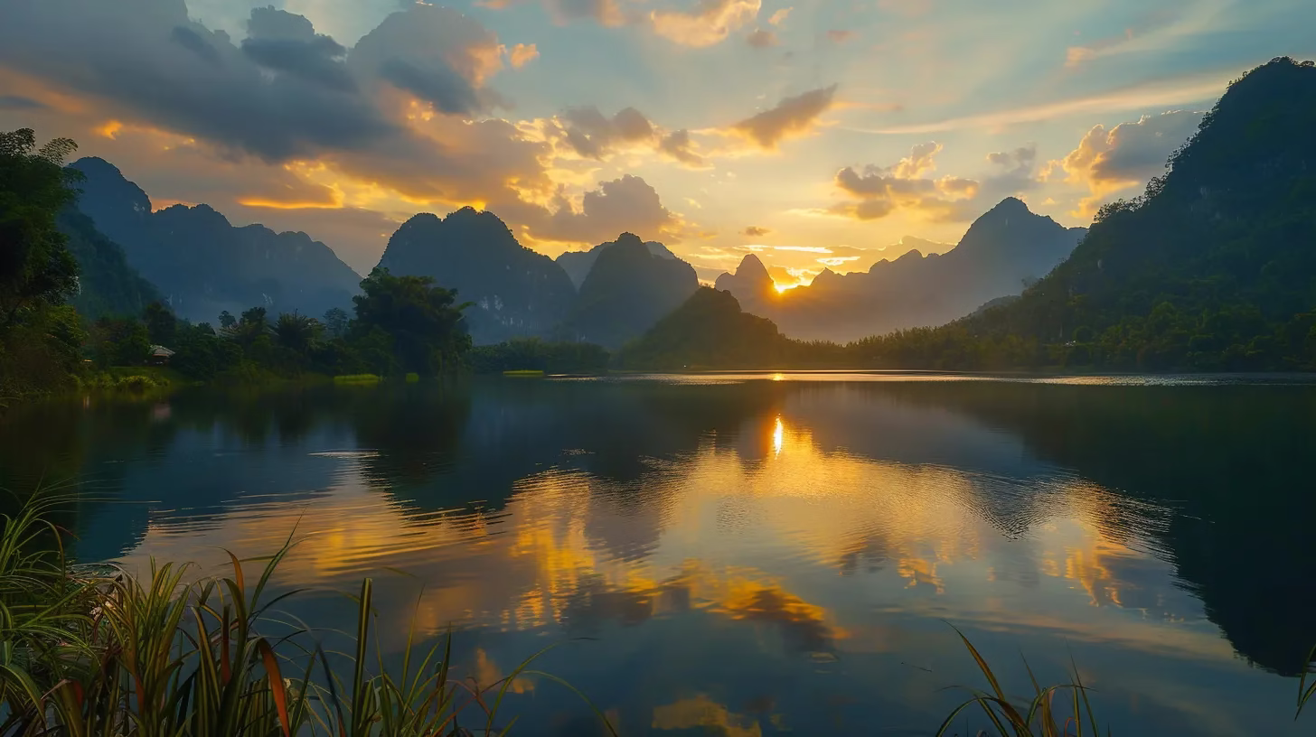 Discover Quality Discount Outdoor Products Available Now 5 a breathtaking sunset casts a warm golden glow over a tranquil lake, surrounded by lush greenery and majestic mountains, reflecting the vibrant colors in the still water.