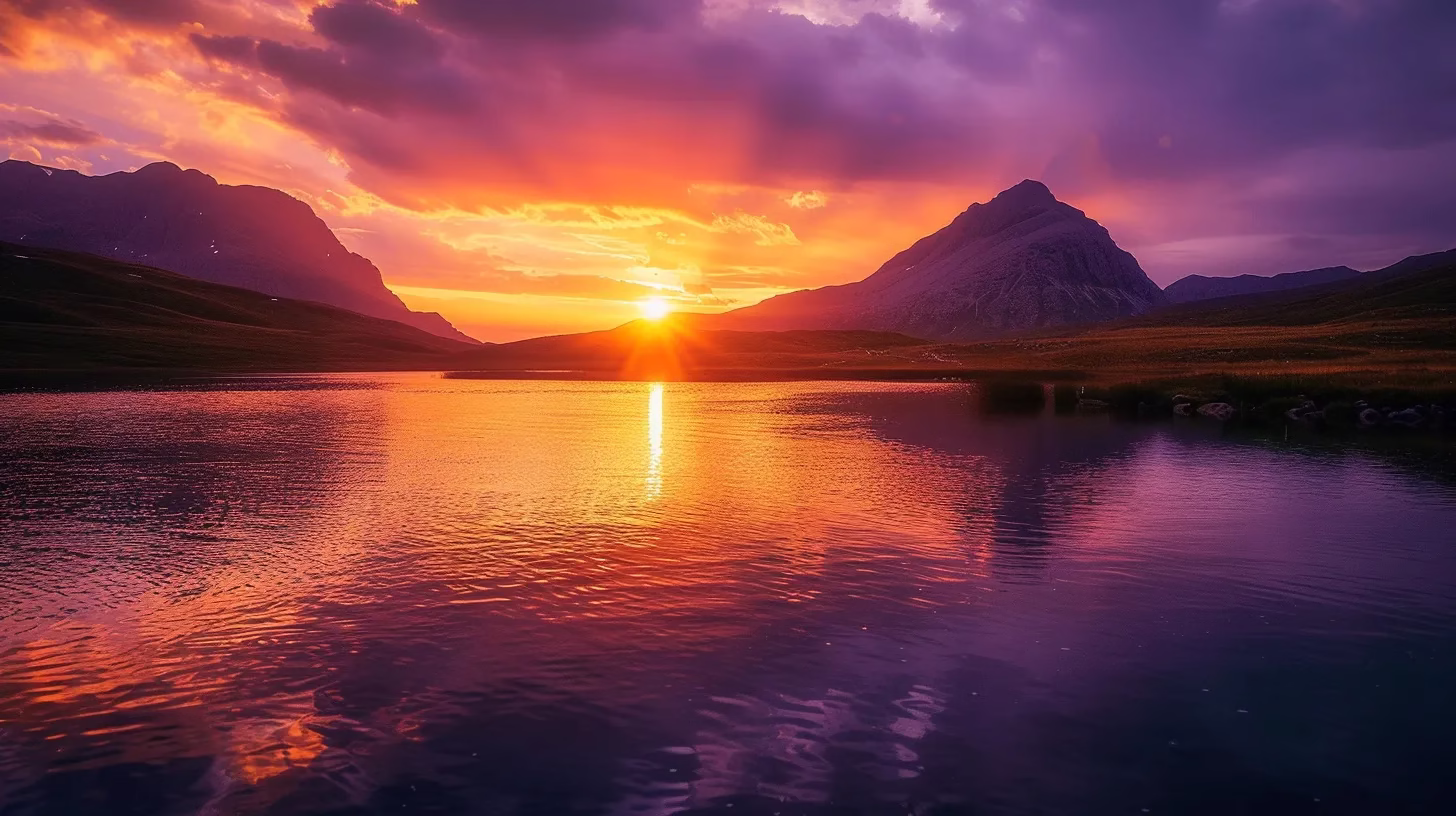 Ways to Brighten Up Your Small Wall Spaces 5 a breathtaking sunset casts a warm golden glow over a serene mountain lake, reflecting vibrant hues of orange and purple in the still waters.