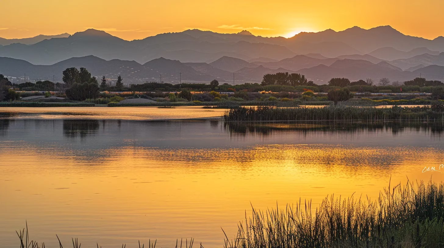 Benefits of Installing a Metal Water Feature Outdoors 6 a breathtaking sunset casts a warm golden glow over a tranquil lake, with majestic mountains reflecting in the glassy water, creating a serene and picturesque landscape.