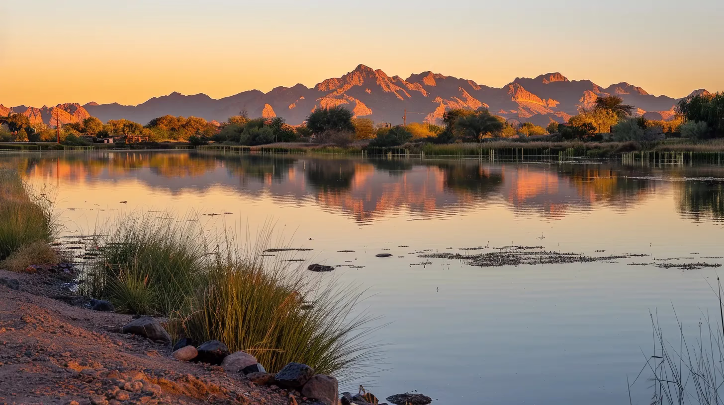 Stylish Indoor Stone Ideas for Modern Homes 1 a breathtaking sunset casts a warm golden glow over a tranquil lake, reflecting vibrant hues of orange and pink across the serene water surface, with majestic mountains towering in the background under a clear sky.