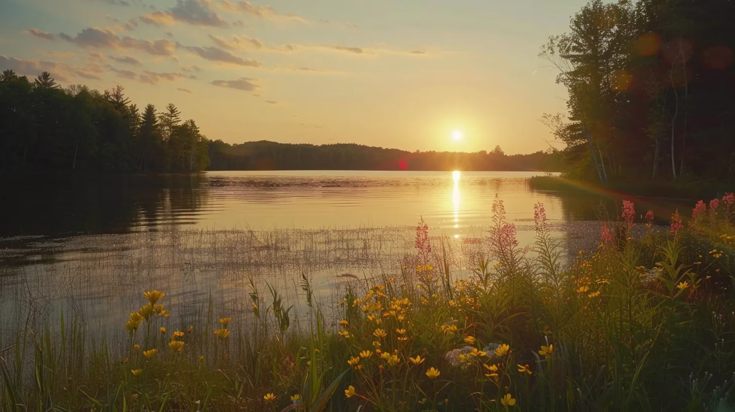 Transform Your Space With Natural Stone Materials 1 a breathtaking sunset casts a golden glow over a tranquil lake, where vibrant wildflowers bloom along the shore, creating a serene and picturesque landscape.