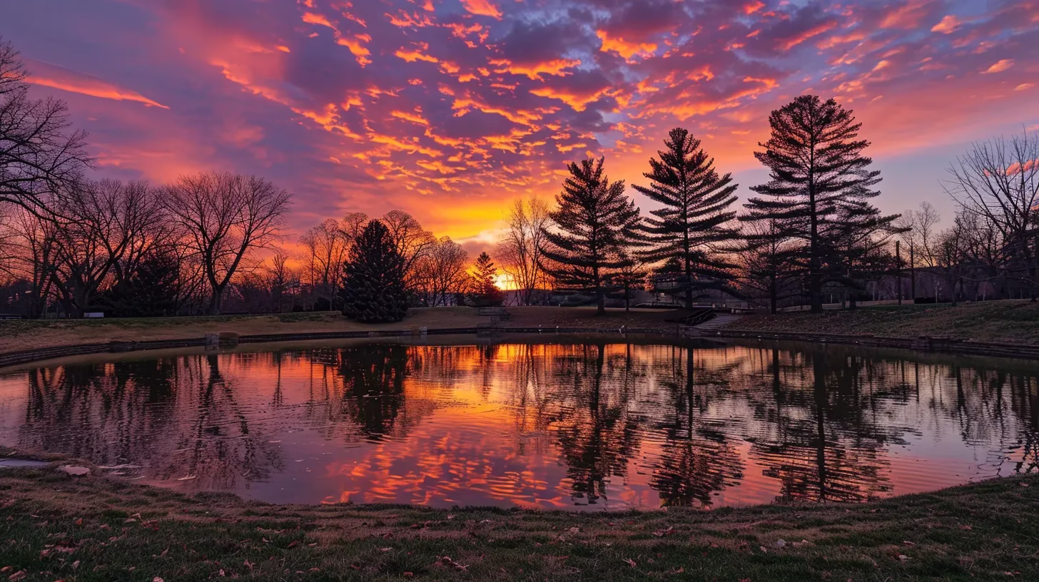 Steel Fountain Styles That Enhance Any Landscape 2 a breathtaking sunset casts a golden glow over a tranquil lake, reflecting the vibrant hues of orange and pink in the sky, framed by silhouette of towering pine trees.