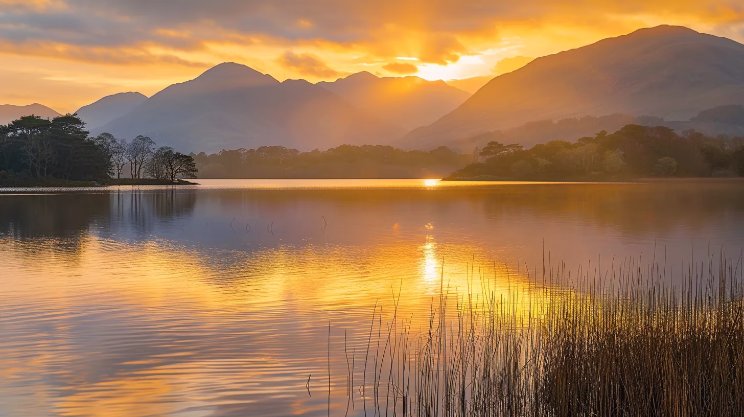 Stunning Landscape Water Features to Elevate Your Yard 5 a breathtaking sunset casts a warm golden glow over a serene lake, where silhouettes of majestic mountains rise in the background, reflecting beautifully on the still water's surface.