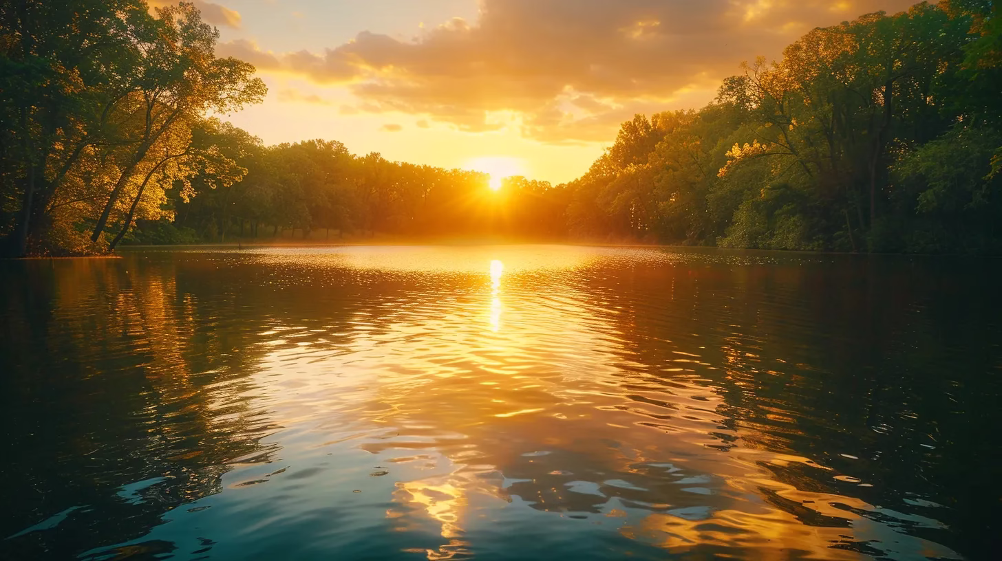 The Magic of LED Water Bubbles in Modern Decor 5 a breathtaking sunset casts golden hues over a serene lake, creating shimmering reflections on the still water surrounded by lush greenery.