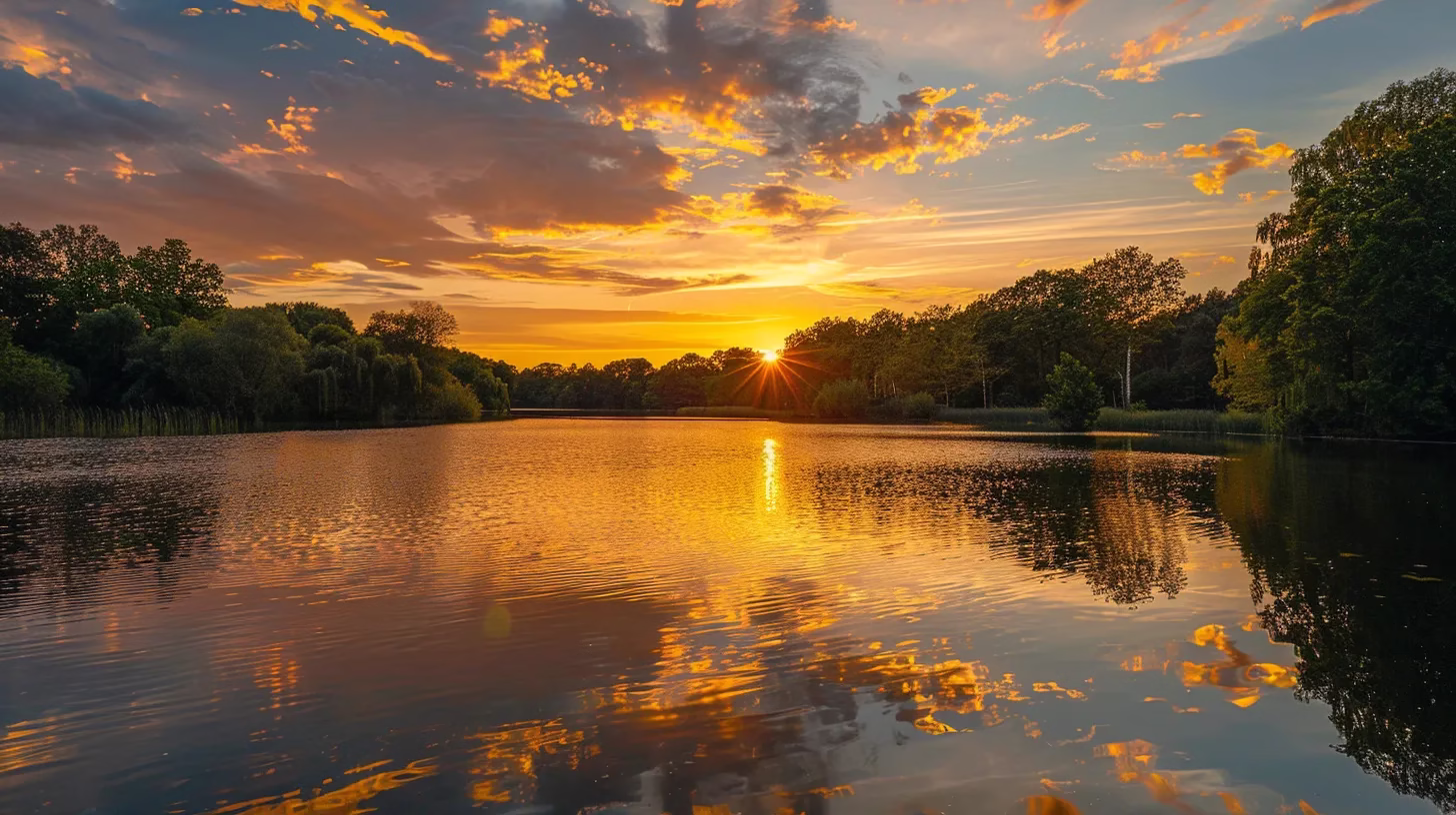 Understanding the Beauty of Rock Water Formations 6 a breathtaking sunset casts golden hues over a serene lake, reflecting the vibrant colors of the sky and surrounding lush foliage in perfect symmetry.
