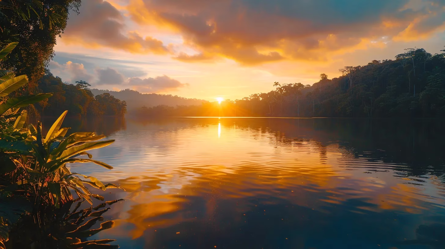 Create a Relaxing Ambiance With Square Water Features 5 a breathtaking sunset casts golden hues over a serene lake, reflecting the vibrant colors of the sky and surrounded by lush, green forest.