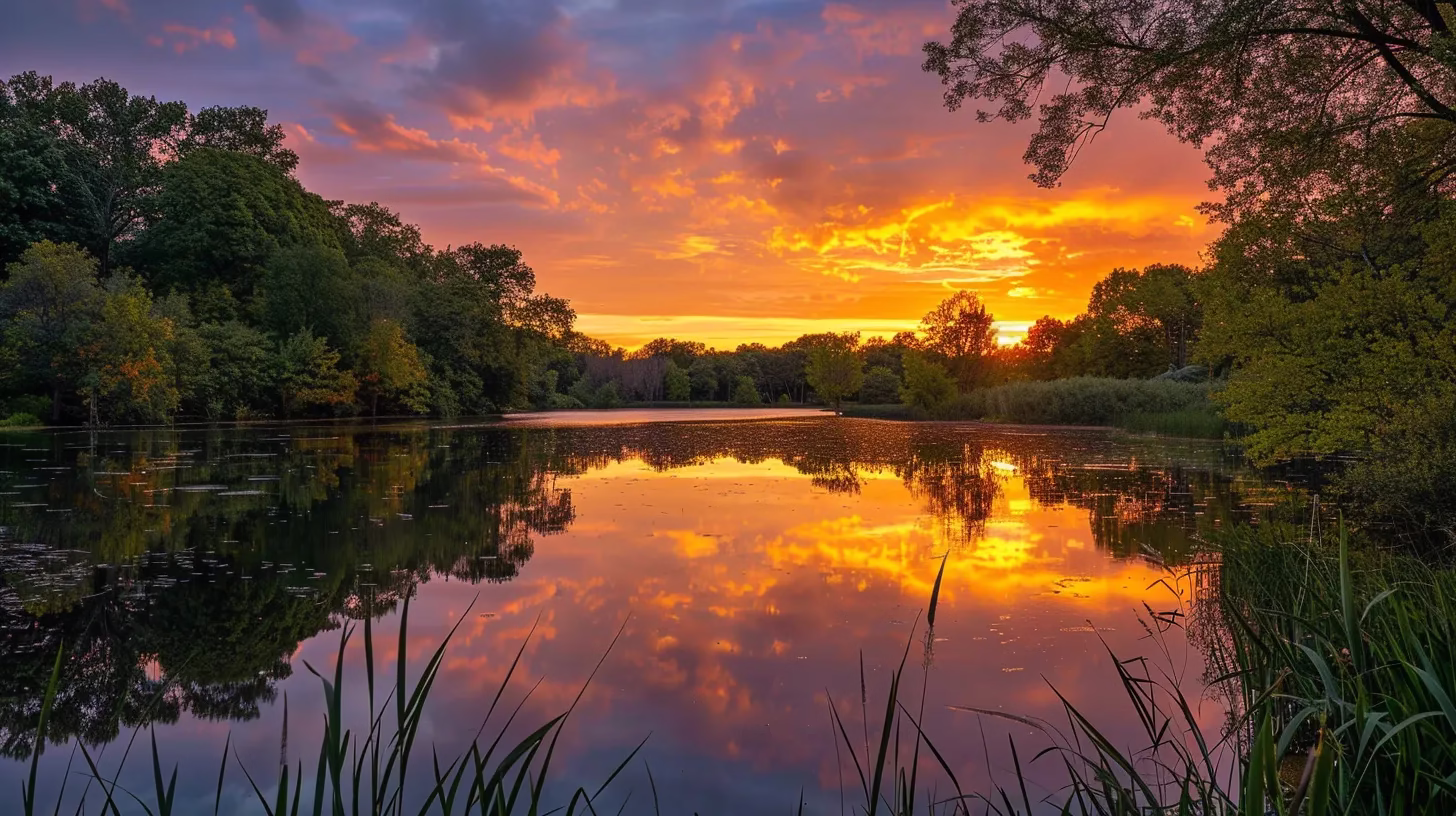 Selecting White Outdoor Plants for Year-Round Appeal 3 a breathtaking sunset casts golden hues over a tranquil lake, reflecting the vibrant colors of the sky and surrounded by lush, verdant trees.