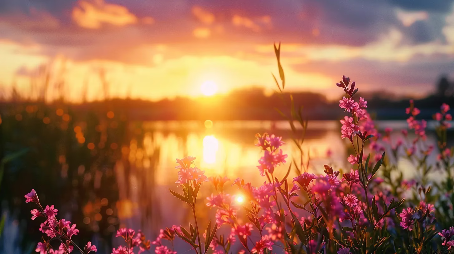 Must-Have Fountain Accessories for Every Garden Lover 2 a breathtaking sunset casts golden hues over a tranquil lake, where vibrant wildflowers bloom in the foreground, creating a serene and picturesque landscape.