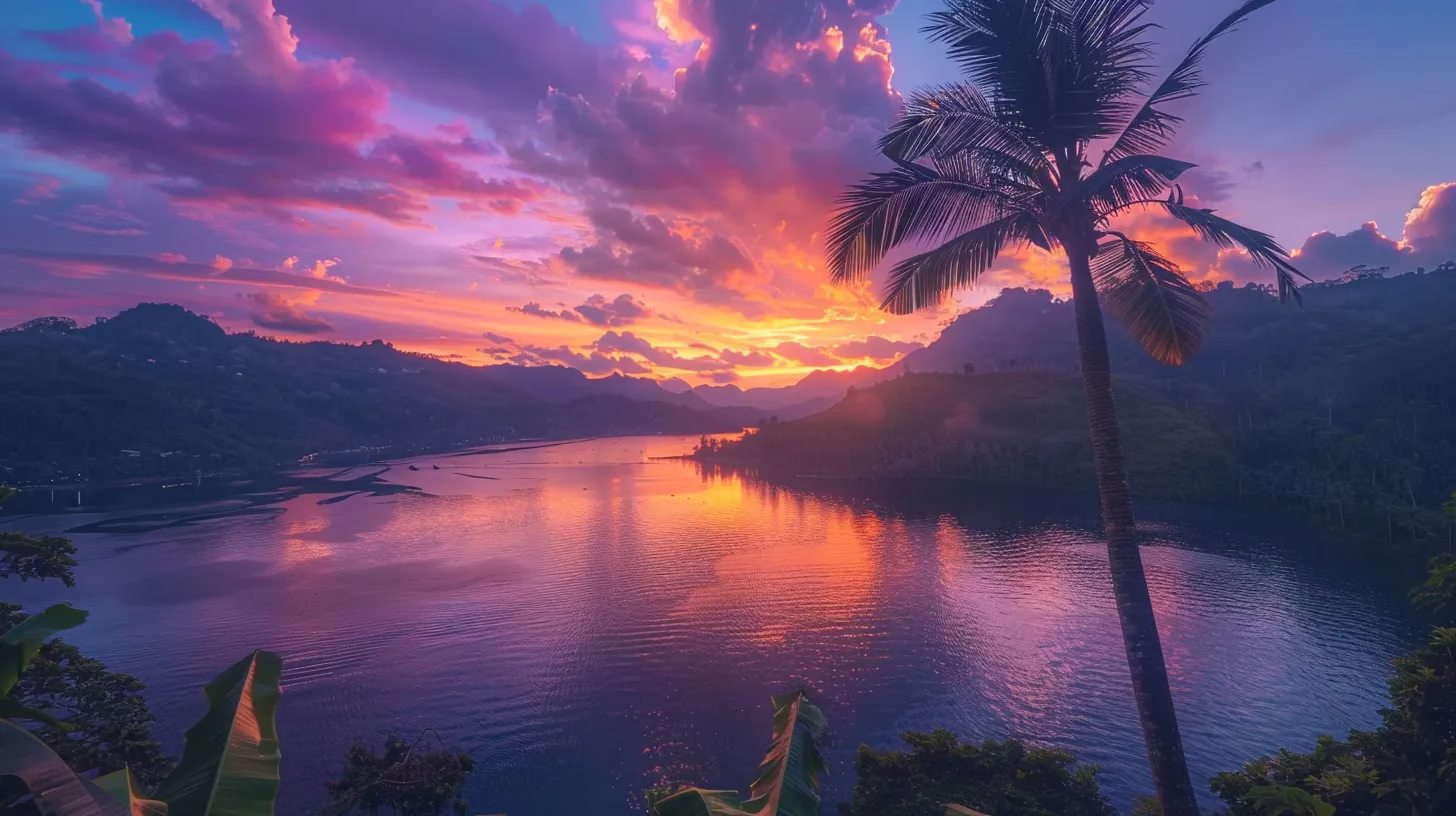 Achieve Elegance With a Beautifully Designed Tall Wall 2 a breathtaking sunset casts vibrant hues of orange and purple over a serene lake, reflecting the colorful sky and surrounded by lush greenery.