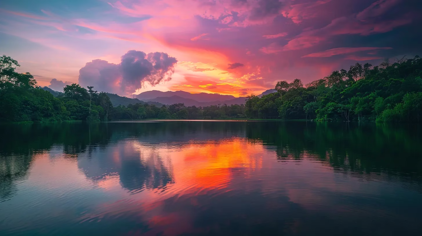 How an Interior Fountain Enhances Home Design 5 a breathtaking sunset casts vibrant hues of orange and pink over a tranquil lake, reflecting the stunning colors of the sky and surrounded by lush greenery.