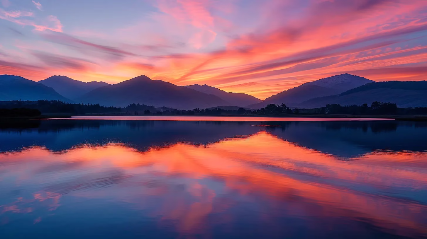 Creative Fountain Small Ideas for Your Backyard Oasis 1 a breathtaking sunset casts vibrant hues of orange and pink across a tranquil lake, its glassy surface reflecting the silhouettes of majestic mountains in the distance.