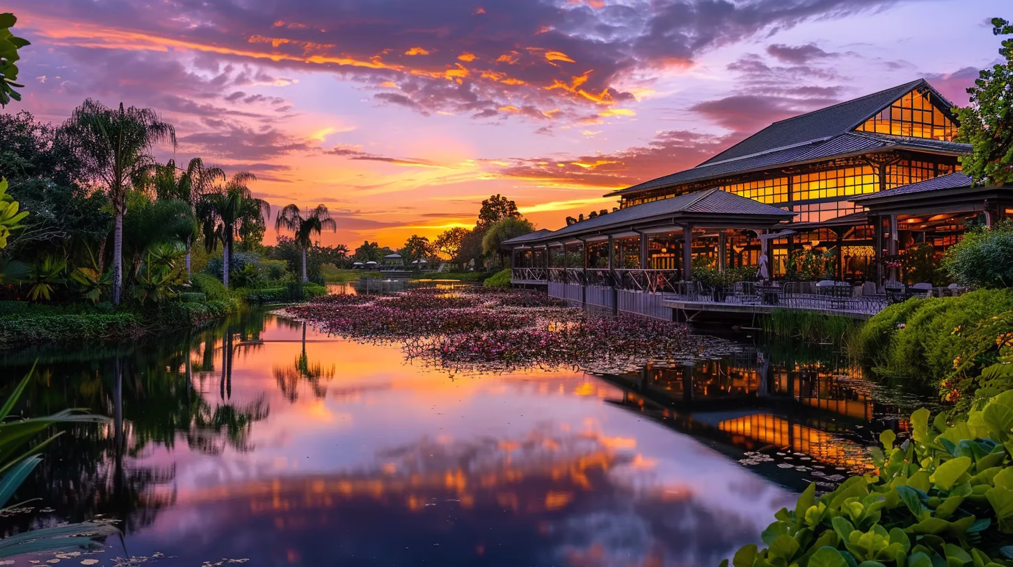 Unique Interior Wall Treatments for Modern Interiors 6 a breathtaking sunset casts vibrant hues of orange and purple across a tranquil lake, reflecting the colorful sky and surrounding lush greenery.