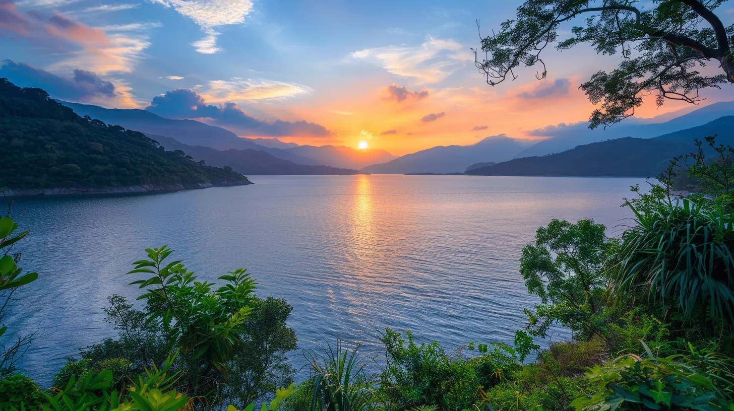 Creating Tranquility: Water Feature Inside Your Home 2 a breathtaking sunset casts vibrant hues across a tranquil lake, reflecting the fiery colors of the sky, framed by lush greenery on the shore.