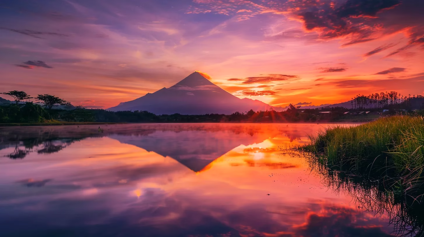 Creative Ideas for Wall Partition Design and Style 6 a breathtaking sunset casts vibrant hues of orange and pink across a tranquil lake, reflecting the colorful sky and framing a solitary silhouette of a majestic mountain in the background.