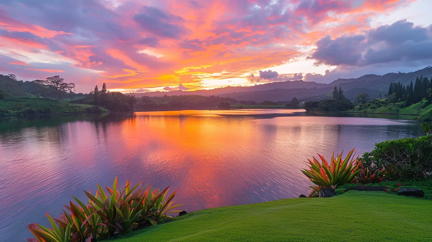 Choosing Materials for Your Perfect Water Fall Wall 5 a breathtaking sunset casts vibrant hues of orange and pink across a tranquil lake, reflecting the colors in its still waters and framed by lush greenery on the banks.