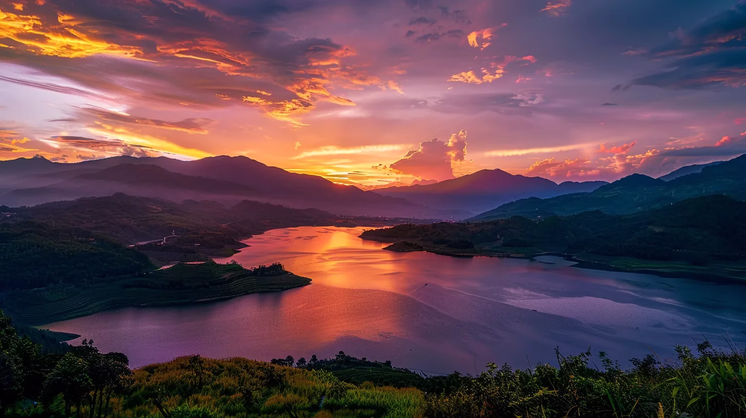 Transform Your Space With a Stunning Rock Water Feature 5 a breathtaking sunset casts vibrant hues of orange and pink across the sky, illuminating a tranquil lake surrounded by lush, green mountains.