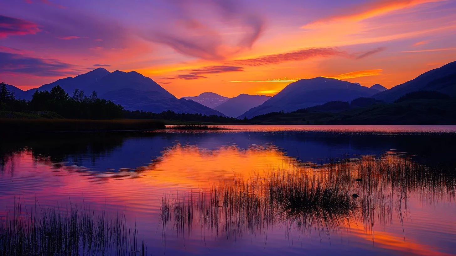 Understanding the Beauty of Rock Water Formations 4 a breathtaking sunset casts vibrant hues of orange and purple across a tranquil lake, reflecting the serene silhouette of towering mountains in the background.