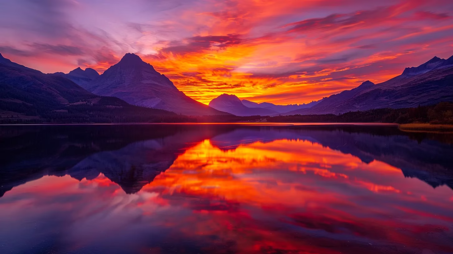 Lightweight Outdoor Solutions for Hiking and Camping 2 a breathtaking sunset casts vibrant hues of orange and purple across a tranquil lake, reflecting the dramatic silhouettes of towering mountains in the background.