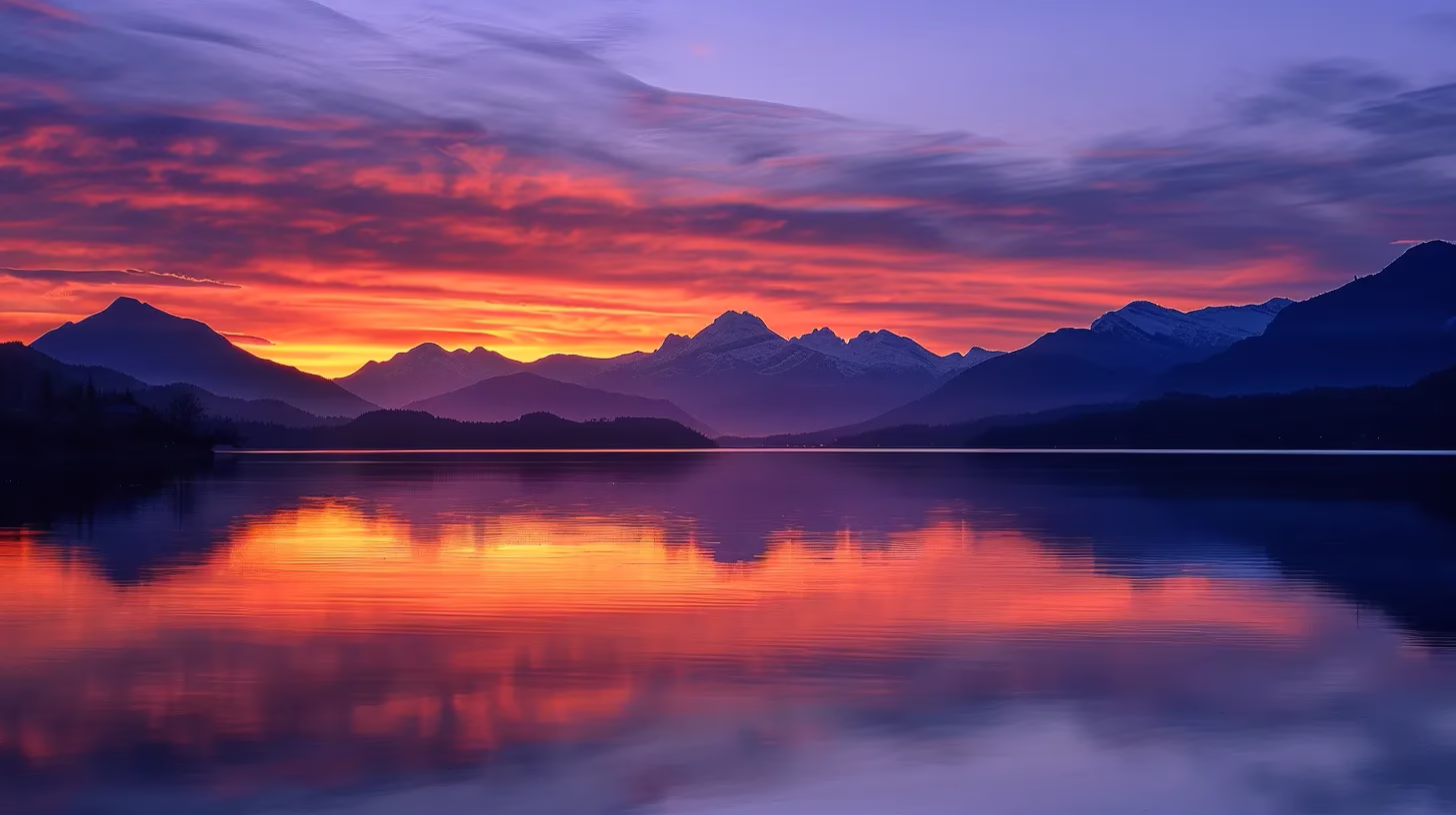 Discover Quality Discount Outdoor Products Available Now 1 a breathtaking sunset casts vibrant hues of orange and purple across a serene lake, reflecting the stunning colors of the sky, while majestic mountains stand tall in the background.