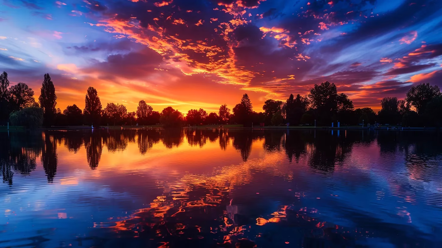 Steel Fountain Styles That Enhance Any Landscape 5 a breathtaking sunset casts vibrant hues across a tranquil lake, reflecting the fiery sky and surrounded by silhouetted trees, creating a serene and peaceful atmosphere.