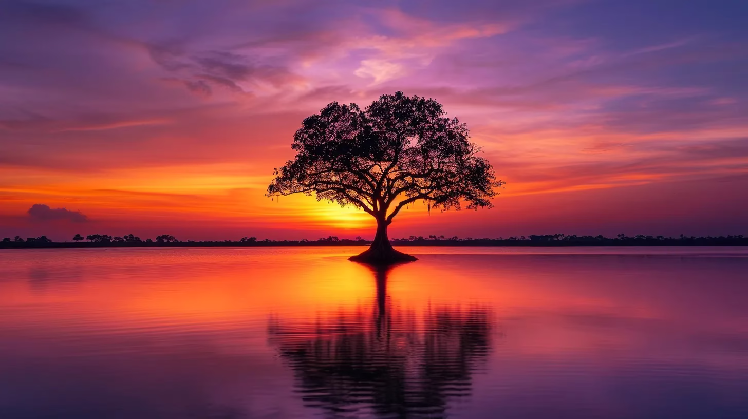 Transform Your Space With Natural Stone Materials 3 a breathtaking sunset casts vibrant hues of orange and purple over a tranquil lake, where the silhouette of a solitary tree creates a striking focal point against the colorful sky.