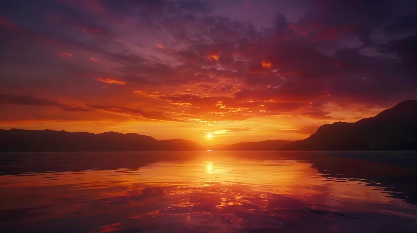 Create an Eye-Catching Water Display at Home 4 a breathtaking sunset casts vibrant hues of orange and purple across a tranquil lake, creating a serene and enchanting reflection on the water's surface.