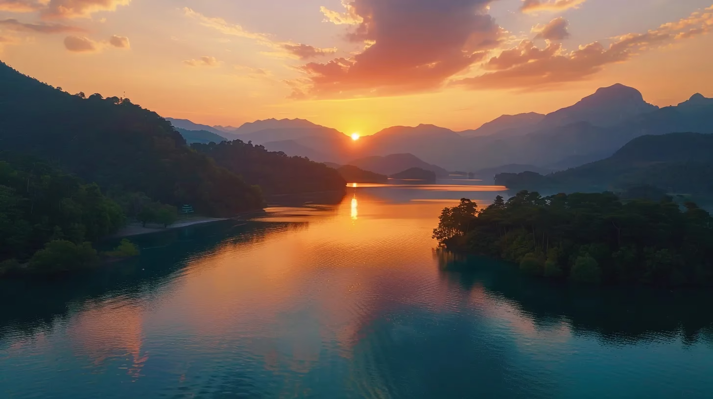 Lightweight Outdoor Solutions for Hiking and Camping 3 a breathtaking sunset casts vibrant hues of orange and pink over a tranquil lake, perfectly reflecting the colorful sky and surrounding lush green trees.