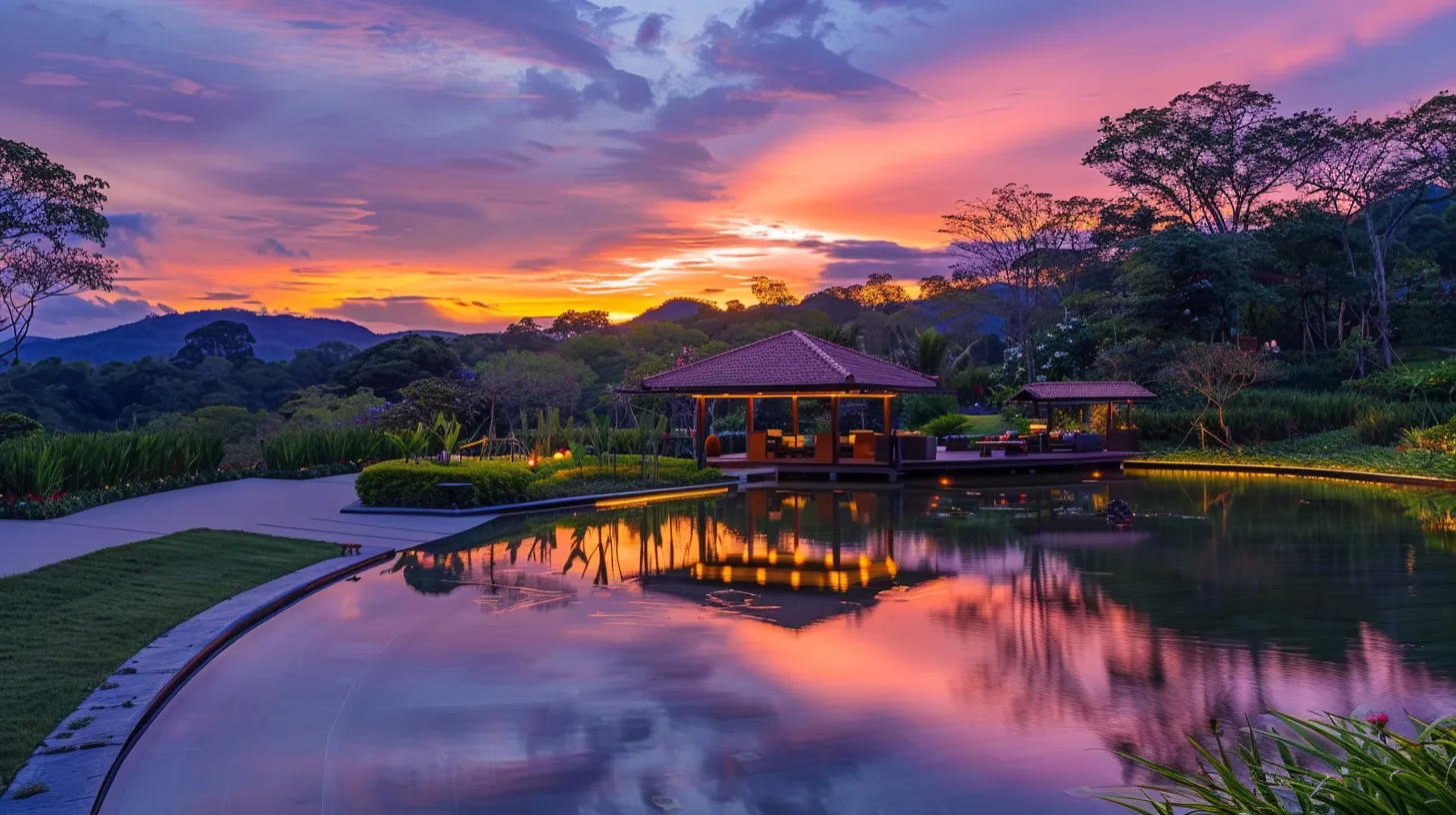 Discover Quality Discount Outdoor Products Available Now 2 a breathtaking sunset casts vibrant hues of orange and purple across a tranquil lake, perfectly reflecting the colorful sky and surrounding lush greenery.