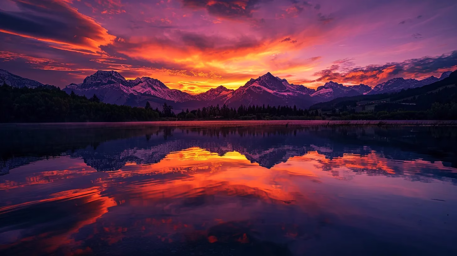 House Fountain Ideas for a Serene Outdoor Environment 4 a breathtaking sunset casts vibrant hues of orange and purple over a serene mountain lake, reflecting the majestic peaks and creating a tranquil atmosphere.