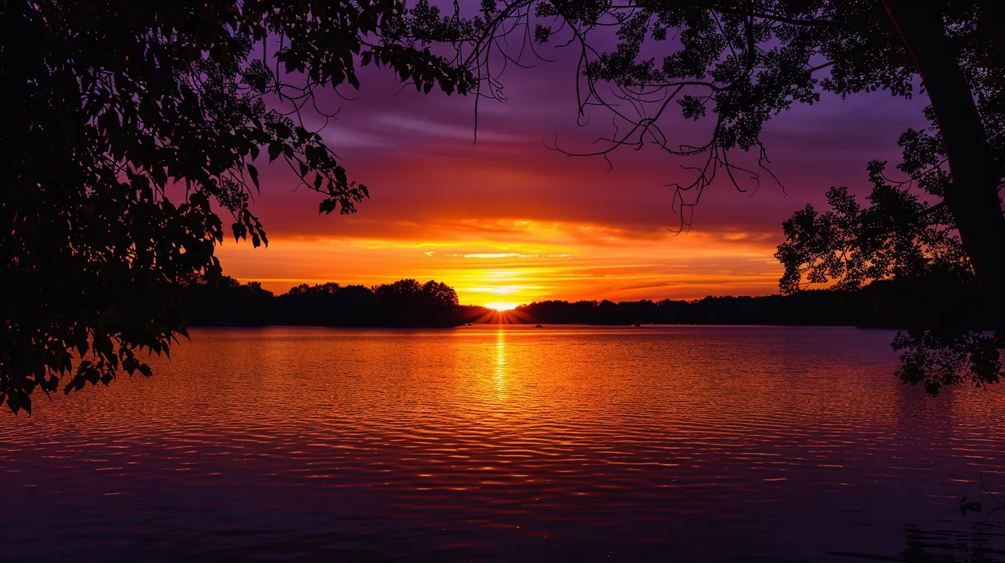 Unique Landscaping for Your Backyard Wall Projects 4 a breathtaking sunset casts vibrant hues of orange and purple over a tranquil lake, with silhouetted trees framing the scene, creating a serene and captivating atmosphere.