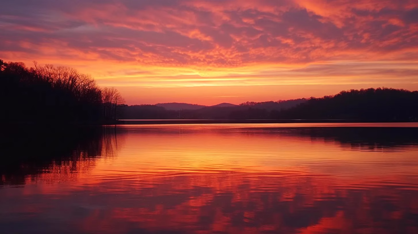 Designing With Interior Water: A Modern Touch 1 a breathtaking sunset casts vibrant hues of orange and pink across a tranquil lake, with silhouetted mountains reflecting in the smooth water's surface.