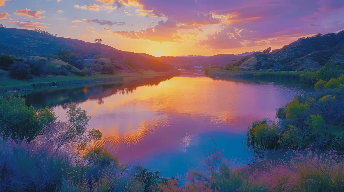 Steel Fountain Styles That Enhance Any Landscape 6 a breathtaking sunset casts vibrant hues of orange and purple across a tranquil lake, reflecting the colorful sky and surrounded by lush, verdant hills.