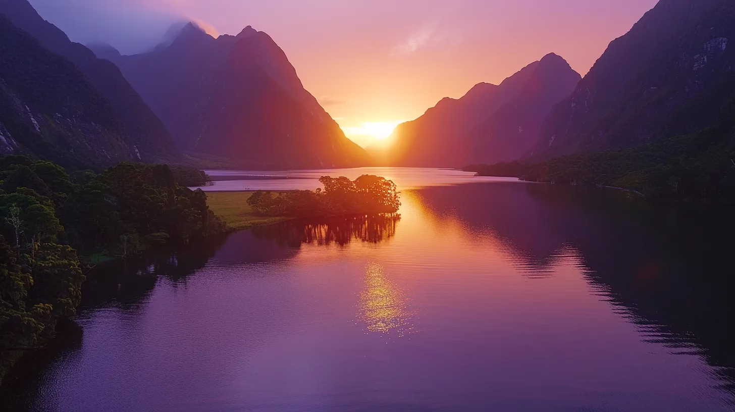 The Art of Building a Natural Rock Wall 7 a breathtaking sunset casts vibrant hues of orange and purple across a tranquil lake, reflecting the serene landscape of lush, green mountains surrounding the water's edge.