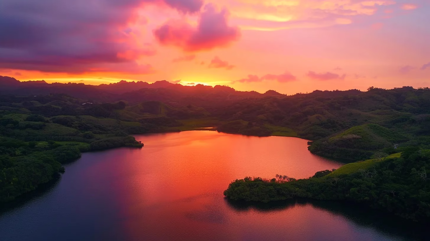 Transform Your Space With a Stunning Fall Water Feature 6 a breathtaking sunset casts vibrant hues of orange and pink across the sky, illuminating a serene lake surrounded by lush, green mountains, reflecting the stunning colors on its calm surface.