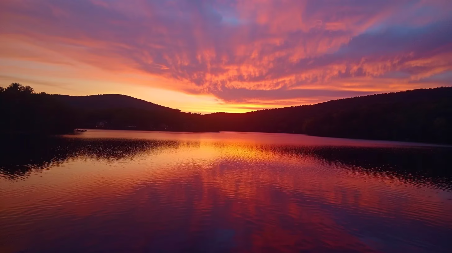 Transform Your Yard With a Beautiful Garden Fountain 6 a breathtaking sunset casts vibrant hues of orange and pink across a serene lake, with silhouetted mountains reflecting gently on the water's surface.