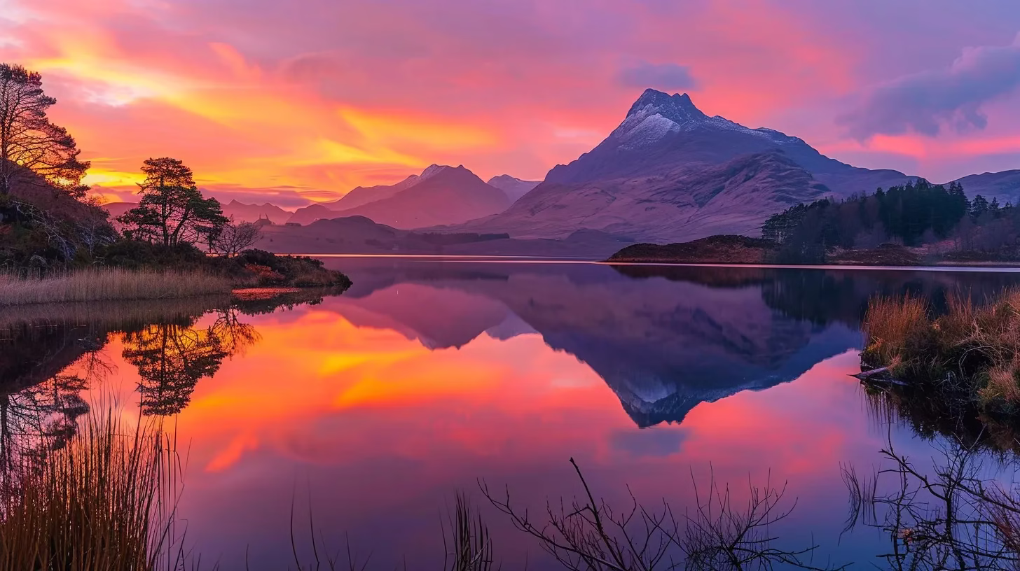 Create a Relaxing Atmosphere With a Pool Fountain 5 a breathtaking sunset casts vibrant orange and pink hues across a tranquil lake, reflecting the silhouette of distant mountains.