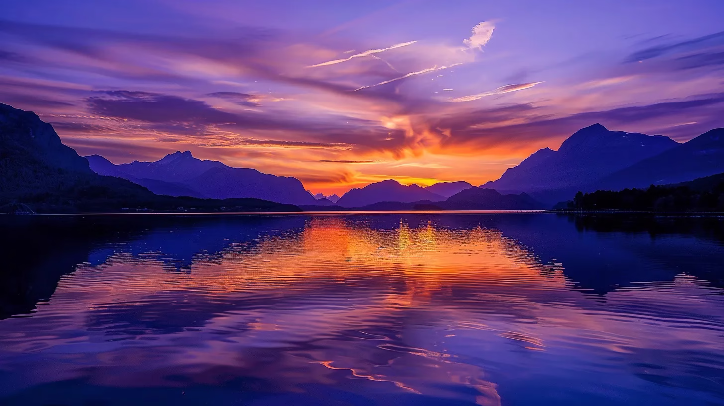 The Magic of LED Water Bubbles in Modern Decor 2 a breathtaking sunset casts vibrant hues of orange and purple across a serene lake, with silhouetted mountains reflecting in the calm water, evoking a sense of tranquility and awe.
