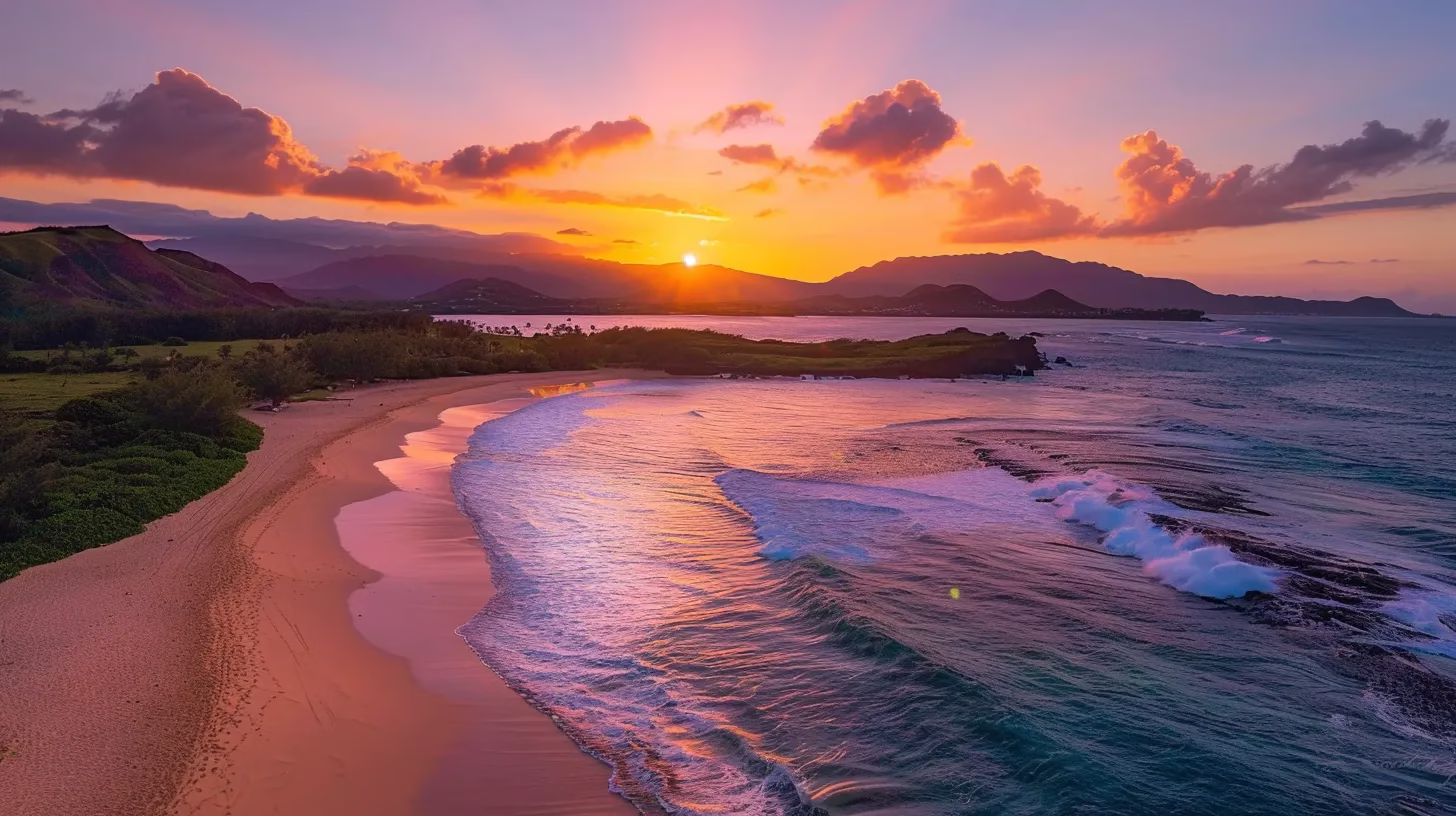 Designing With Interior Water: A Modern Touch 3 a breathtaking sunset casts vibrant hues of orange and pink across a tranquil ocean, with gentle waves lapping at a pristine sandy shore under a clear sky.